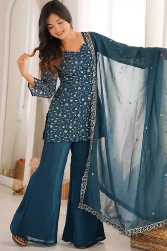 modern tealblue silk blend sequence work kurta bell bottom suit set
