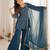 modern tealblue silk blend sequence work kurta bell bottom suit set