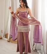 graceful dusty pink silk blend embroidery sequence dori and zari work palazzo suit