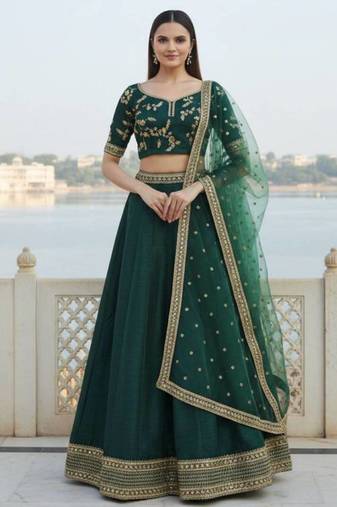 Green Art Silk Zari Sequin Embroidery Work Lehenga Choli