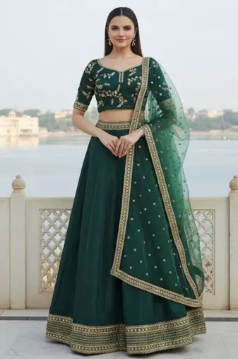 Green Art Silk Zari Sequin Embroidery Work Lehenga Choli