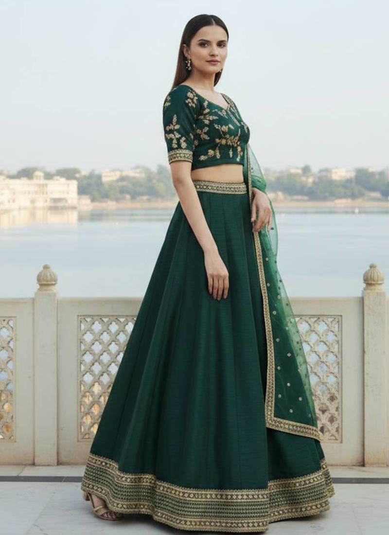 Green Art Silk Zari Sequin Embroidery Work Lehenga Choli