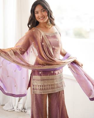 graceful dusty pink silk blend embroidery sequence dori and zari work palazzo suit 3