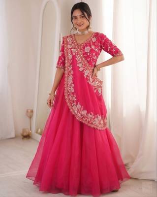 Pink Color Embroidery Sequence Work Silk Blend Lehanga Choli Set 1