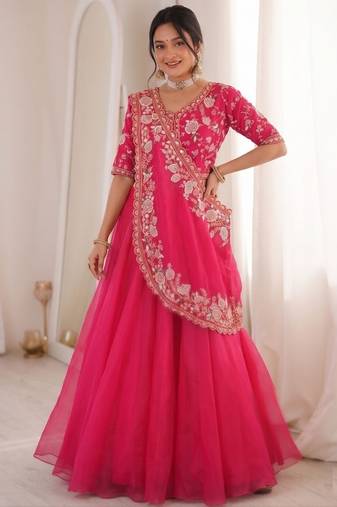 Pink Color Embroidery Sequence Work Silk Blend Lehanga Choli Set