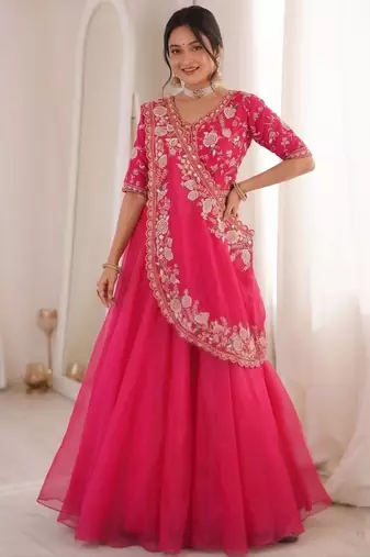 Pink Color Embroidery Sequence Work Silk Blend Lehanga Choli Set