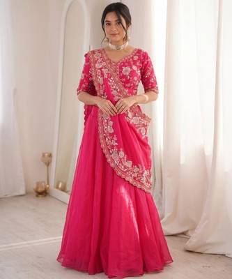 Pink Color Embroidery Sequence Work Silk Blend Lehanga Choli Set 2