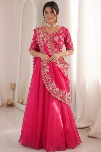 Pink Color Embroidery Sequence Work Silk Blend Lehanga Choli Set