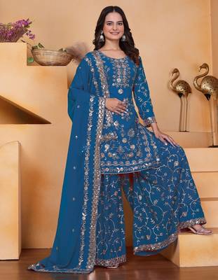Blue georgette  party wear embroidery   sharara suit set 2