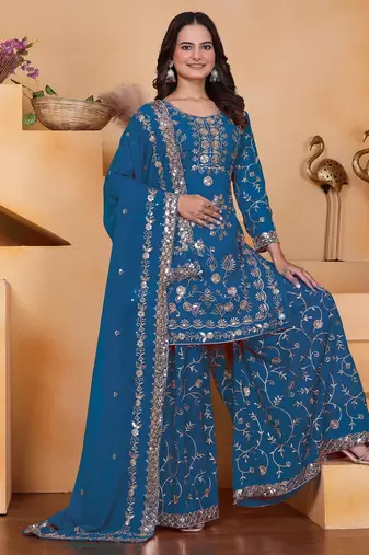 Blue georgette  party wear embroidery   sharara suit set