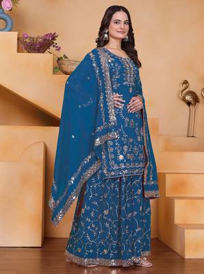Blue georgette  party wear embroidery   sharara suit set 3