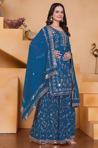 Blue georgette  party wear embroidery   sharara suit set