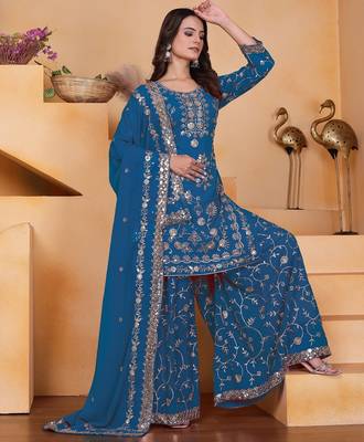 Blue georgette  party wear embroidery   sharara suit set 4