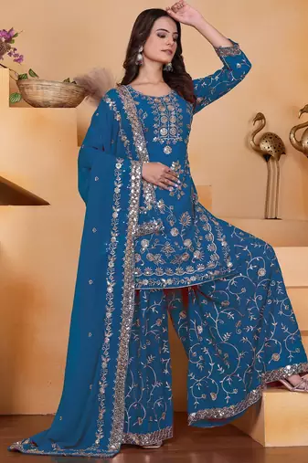 Blue georgette  party wear embroidery   sharara suit set