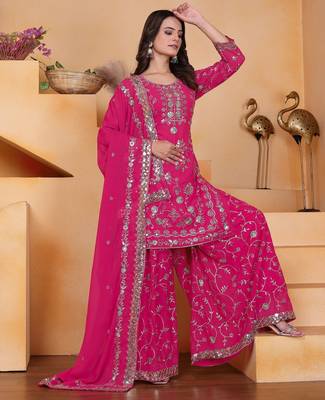 Pink georgette  party wear embroidery   sharara suit set 2