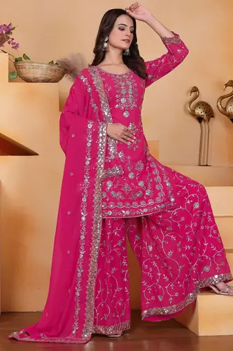 Pink georgette  party wear embroidery   sharara suit set