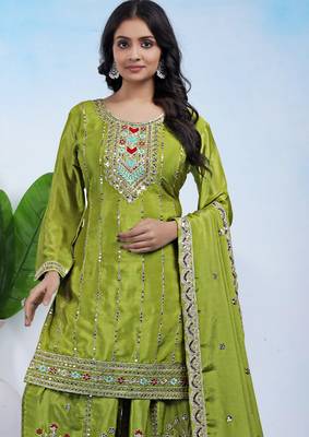  green  silk blend  party wear embroidery   sharara suit set   2