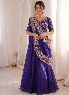 Purple Color Embroidery sequin Work Silk Blend Lehanga Choli Set 1