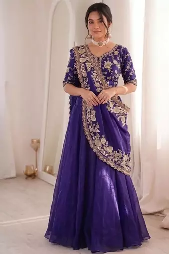 Purple Color Embroidery sequin Work Silk Blend Lehanga Choli Set