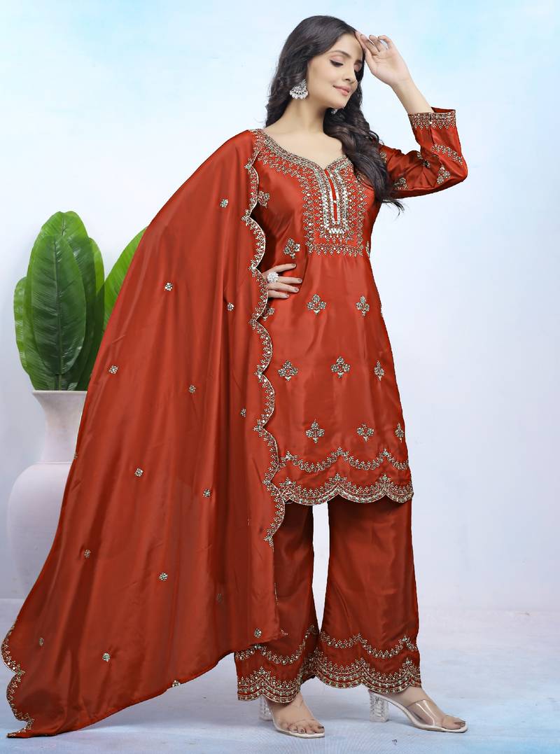 dark orange  silk blend  party wear embroidery   sharara suit set  