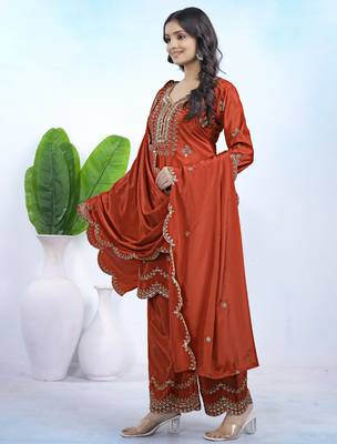dark orange  silk blend  party wear embroidery   sharara suit set   3