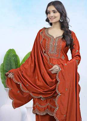 dark orange  silk blend  party wear embroidery   sharara suit set   4