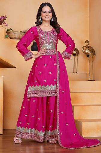 pink  silk blend  party wear embroidery   sharara suit set  