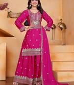 pink  silk blend  party wear embroidery   sharara suit set  