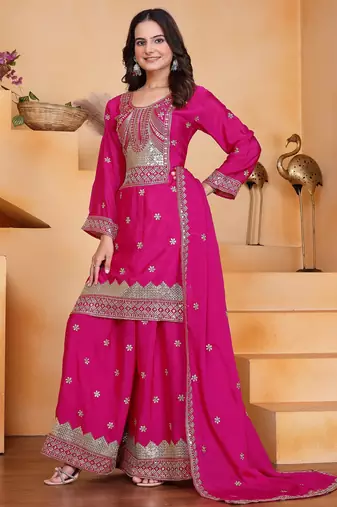 pink  silk blend  party wear embroidery   sharara suit set  