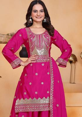 pink  silk blend  party wear embroidery   sharara suit set   4