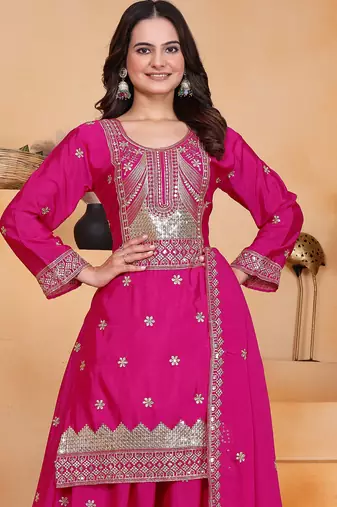 pink  silk blend  party wear embroidery   sharara suit set  
