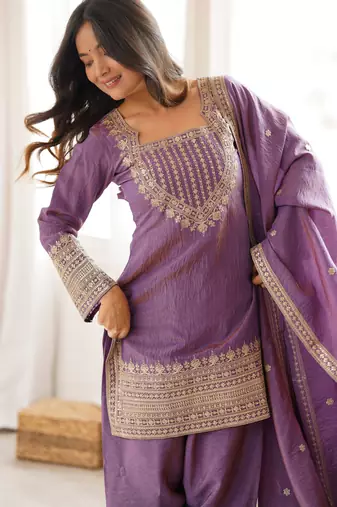 onion pink  faux georgette embroidered gown set with silk blend  dupatta