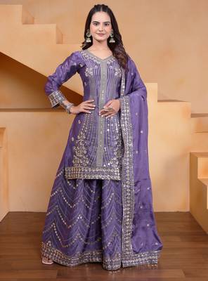 purple  silk blend  party wear embroidery   sharara suit set   1