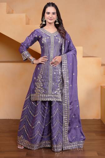purple  silk blend  party wear embroidery   sharara suit set  