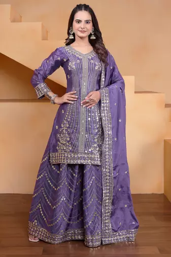 purple  silk blend  party wear embroidery   sharara suit set  