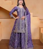 purple  silk blend  party wear embroidery   sharara suit set  