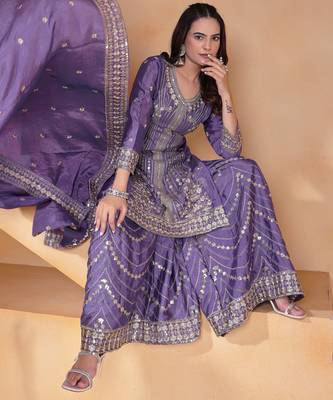 purple  silk blend  party wear embroidery   sharara suit set   3