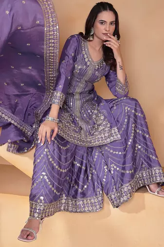 purple  silk blend  party wear embroidery   sharara suit set  