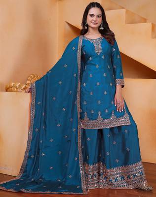 navy blue  silk blend  party wear embroidery   sharara suit set   1