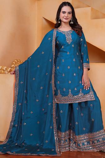 navy blue  silk blend  party wear embroidery   sharara suit set  