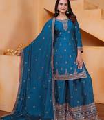 navy blue  silk blend  party wear embroidery   sharara suit set  
