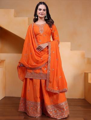 orange  silk blend  party wear embroidery   sharara suit set   1