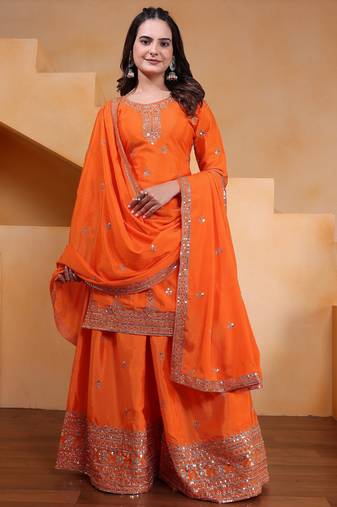 orange  silk blend  party wear embroidery   sharara suit set  