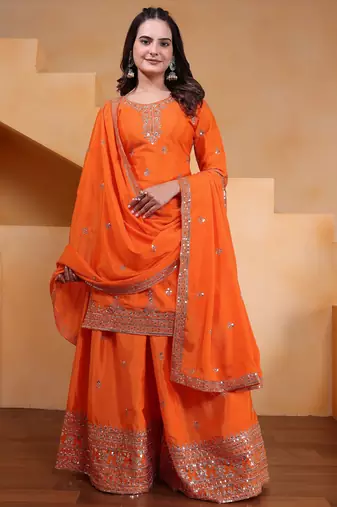 orange  silk blend  party wear embroidery   sharara suit set  