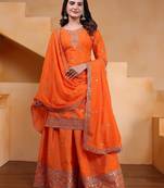 orange  silk blend  party wear embroidery   sharara suit set  