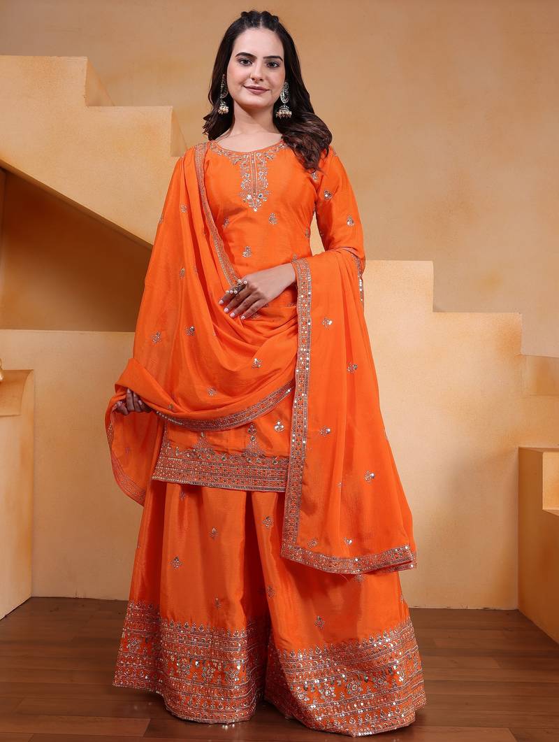 orange  silk blend  party wear embroidery   sharara suit set  