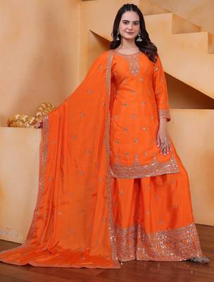 orange  silk blend  party wear embroidery   sharara suit set   2
