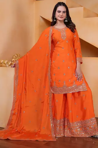 orange  silk blend  party wear embroidery   sharara suit set  