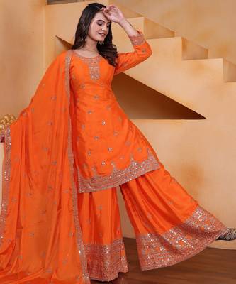 orange  silk blend  party wear embroidery   sharara suit set   3
