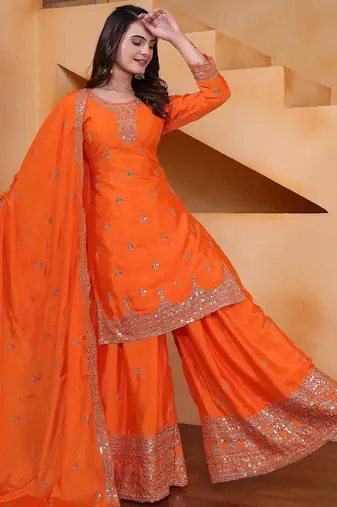 orange  silk blend  party wear embroidery   sharara suit set  